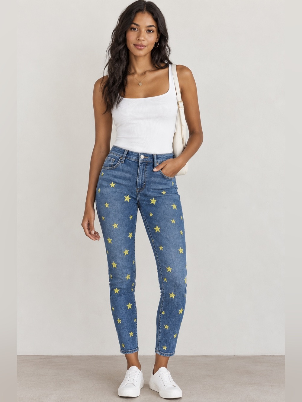 MM Vintage Women’s Blue Skinny Jeans with Yellow Star Embroidery | Size 28